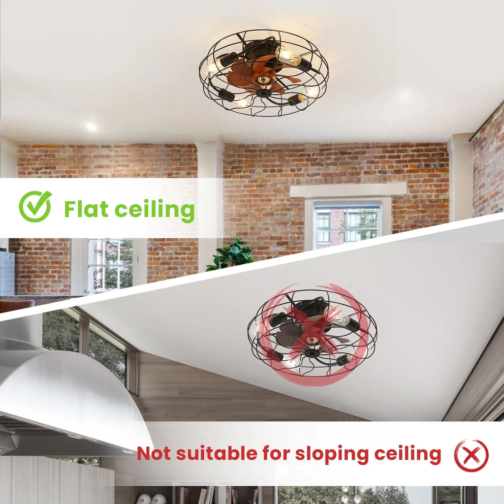 20" Industrial Flush Mount Bladeless Caged Ceiling Fan with Light and Remote C5668