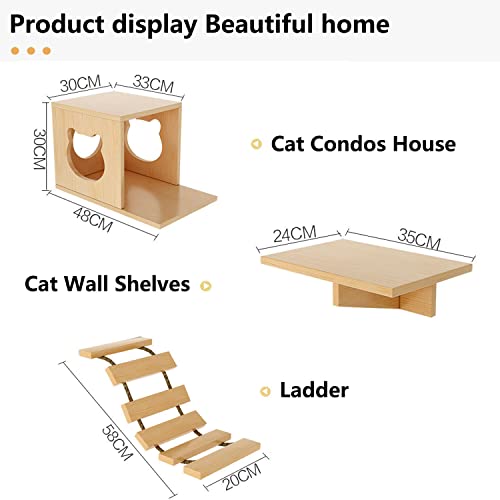 Solid Wood Wall Mounted Cat Shelves and Perches with 4 Cat Condos, 8 Shelves, 2 Ladder, 3 Sisal Cat Scratching Post R947936