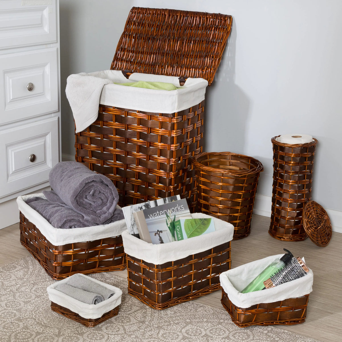 Wicker Laundry Hamper and Bath Storage Basket Set of 7 P901