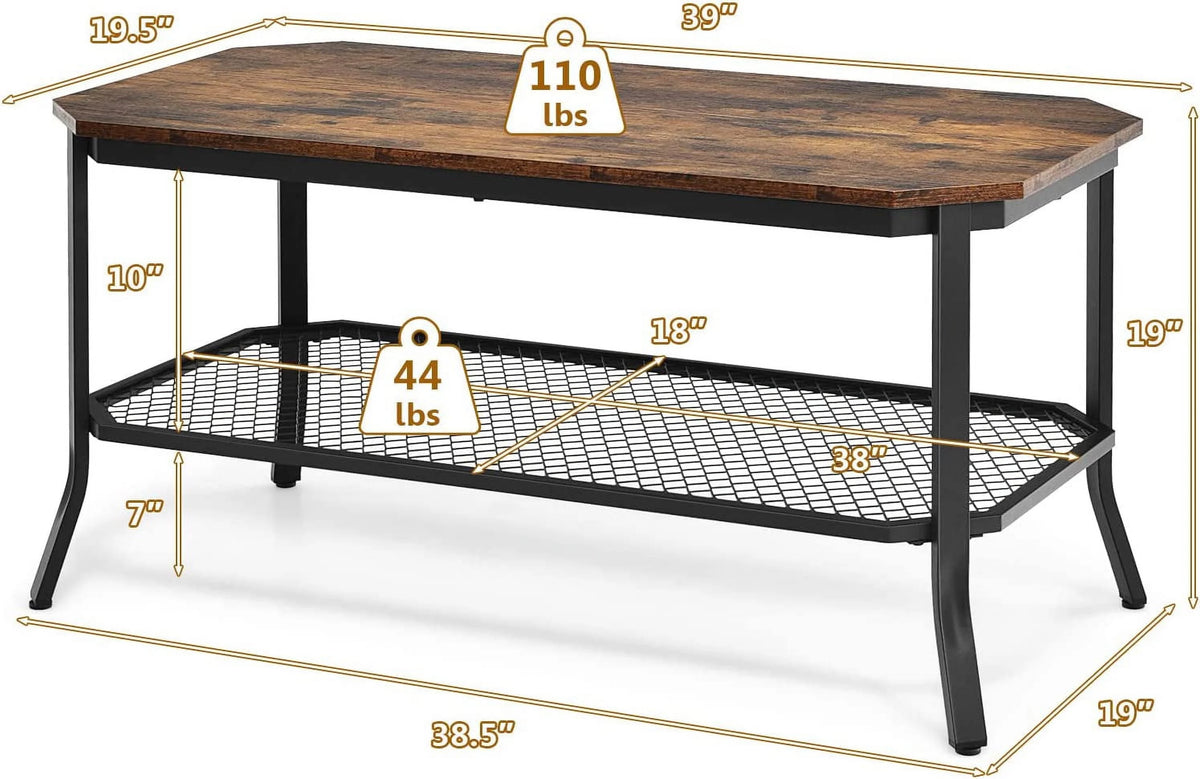 Industrial 2-Tier Coffee Table with Mesh Storage Shelf V654