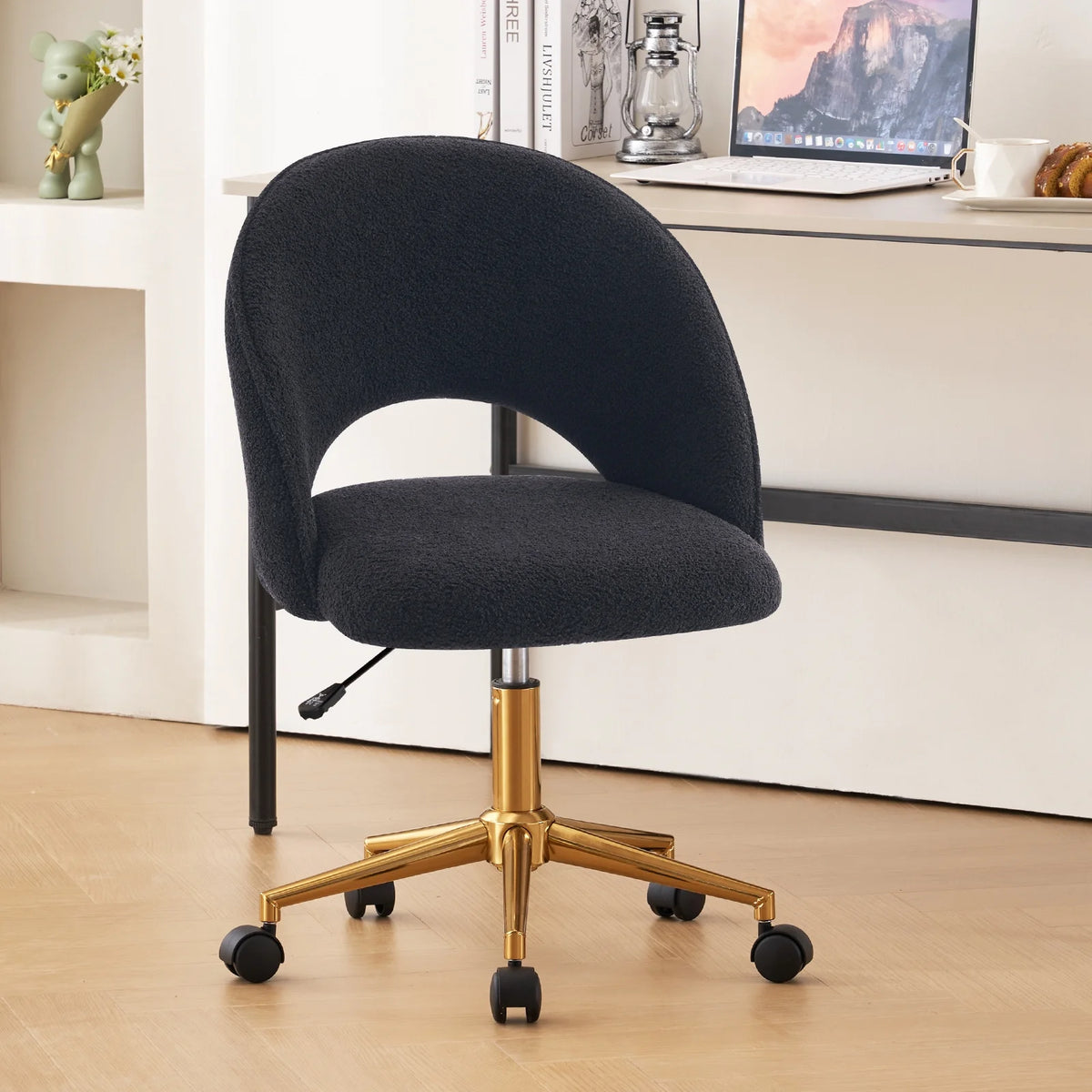Black Faux Sherpa Upholstered Swivel Home Office Chair G28560