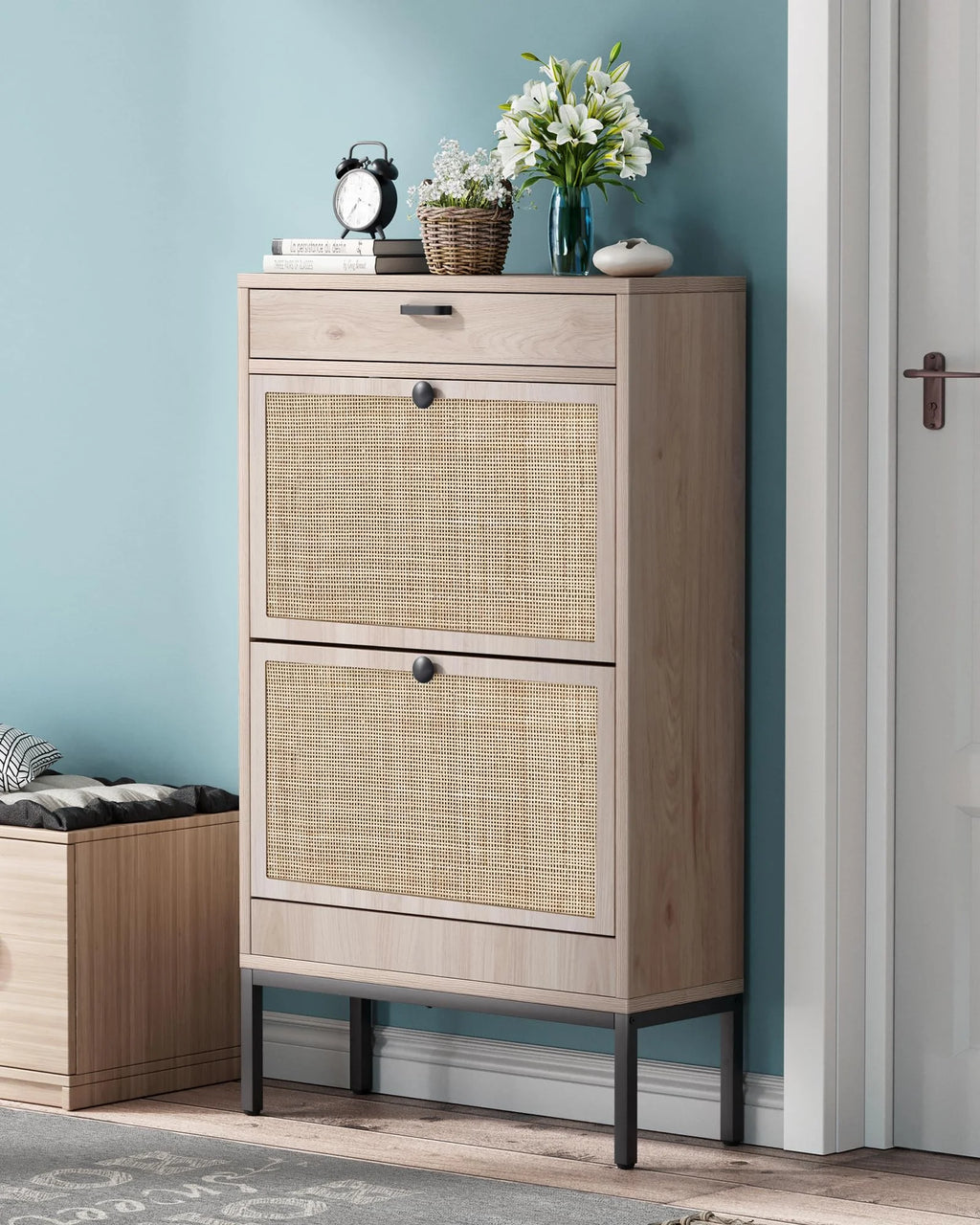 Shoe Storage Cabinet with Flip Drawers and Rattan Doors B337