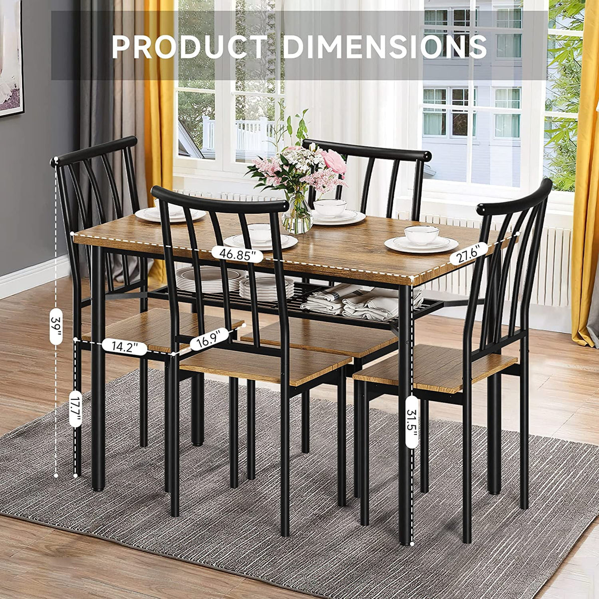 5-Piece Kitchen Table and Chairs for 4 with Metal Frame & Storage Rack U982860