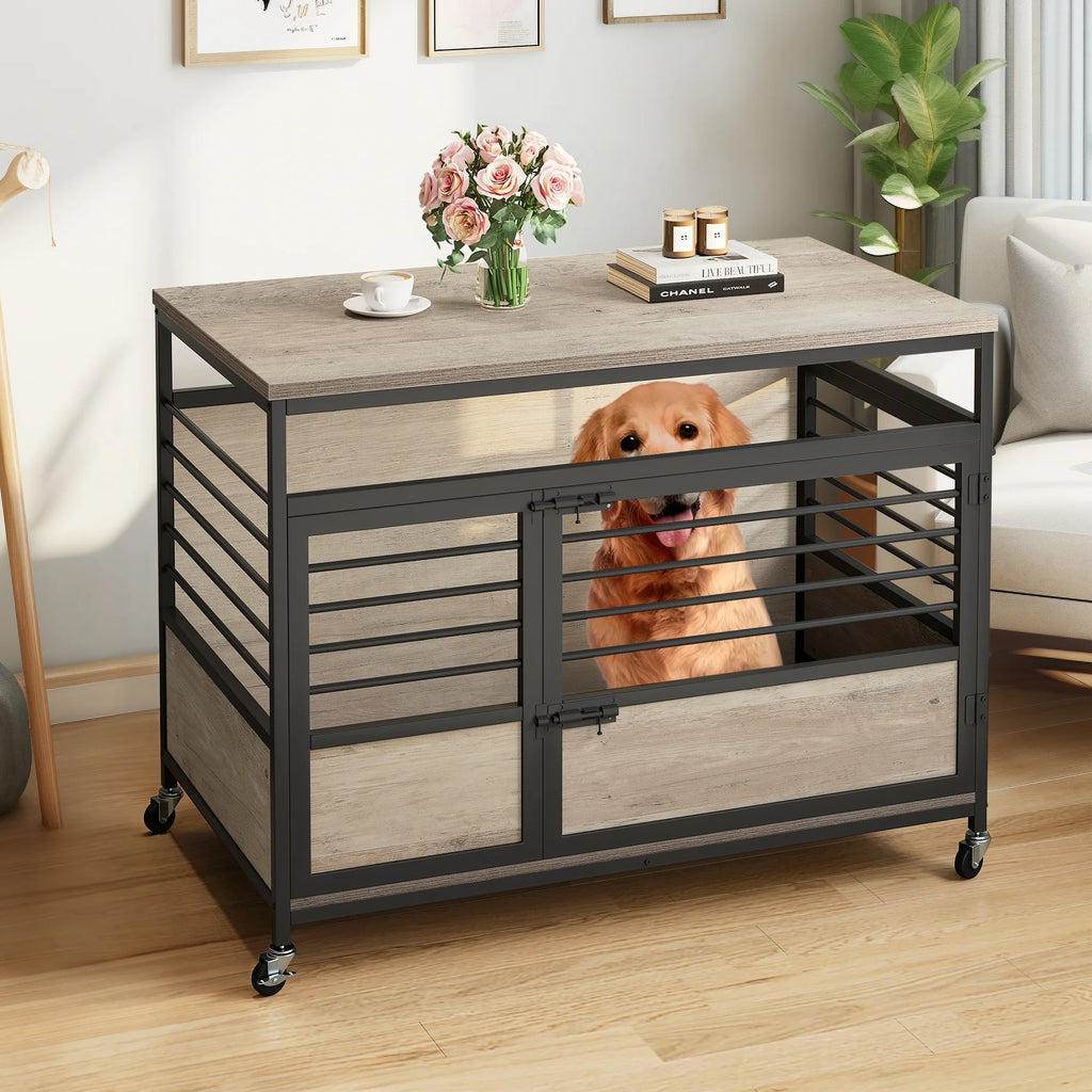 Grey Wooden Dog Crate Furniture with Wheels O253