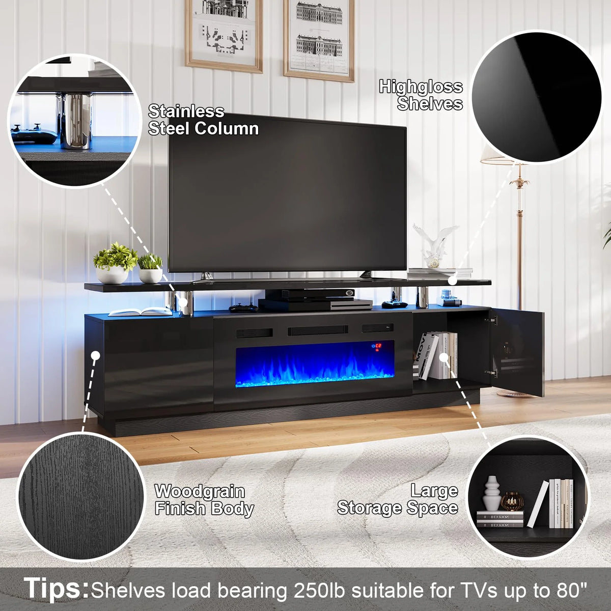 Black Entertainment Center with Fireplace and Bookcases W646235