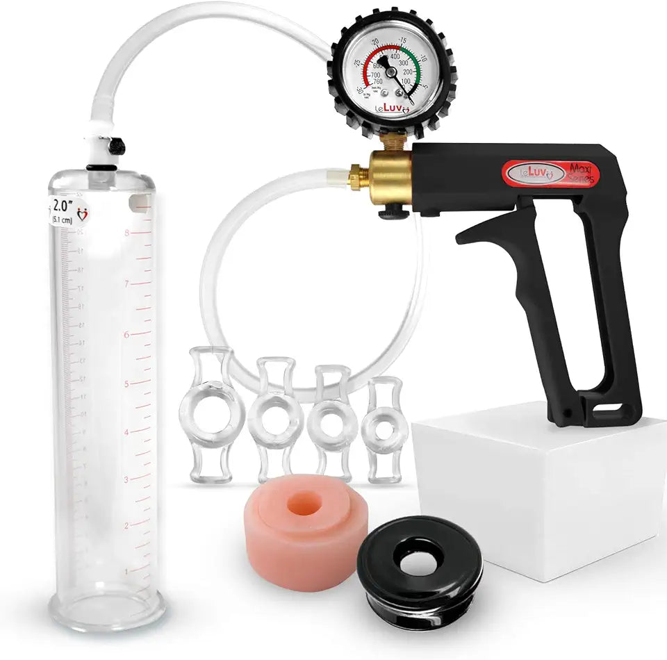 Black Handle Penis Pump with Clear Hose, Donut, Vacuum Seal and 4 Sizes of Rings, 9 inch x 2 inch Cylinder I46182