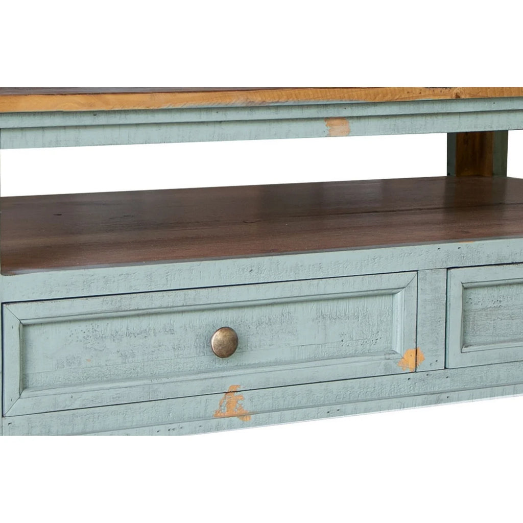 50 Inch 4 Drawers Teal Blue Pine Wood Coffee Table G31080