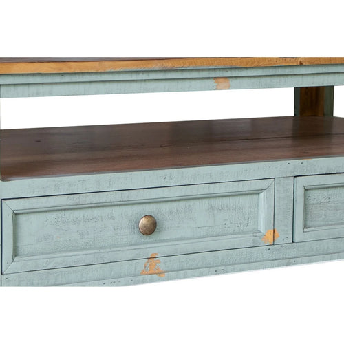50 Inch 4 Drawers Teal Blue Pine Wood Coffee Table G31080