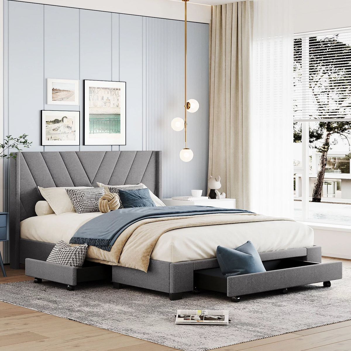 Queen Size Linen Upholstered Platform Bed with 3 Storage Drawers F60657