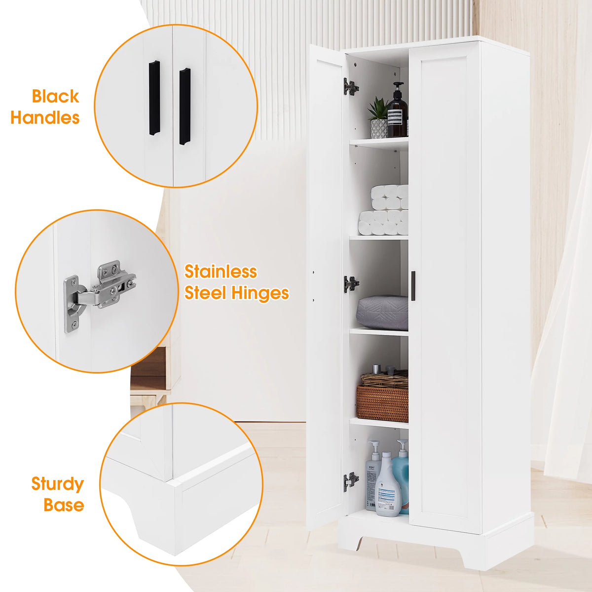 Tall Wood Bathroom Storage Cabinet with Adjustable Shelves J12328