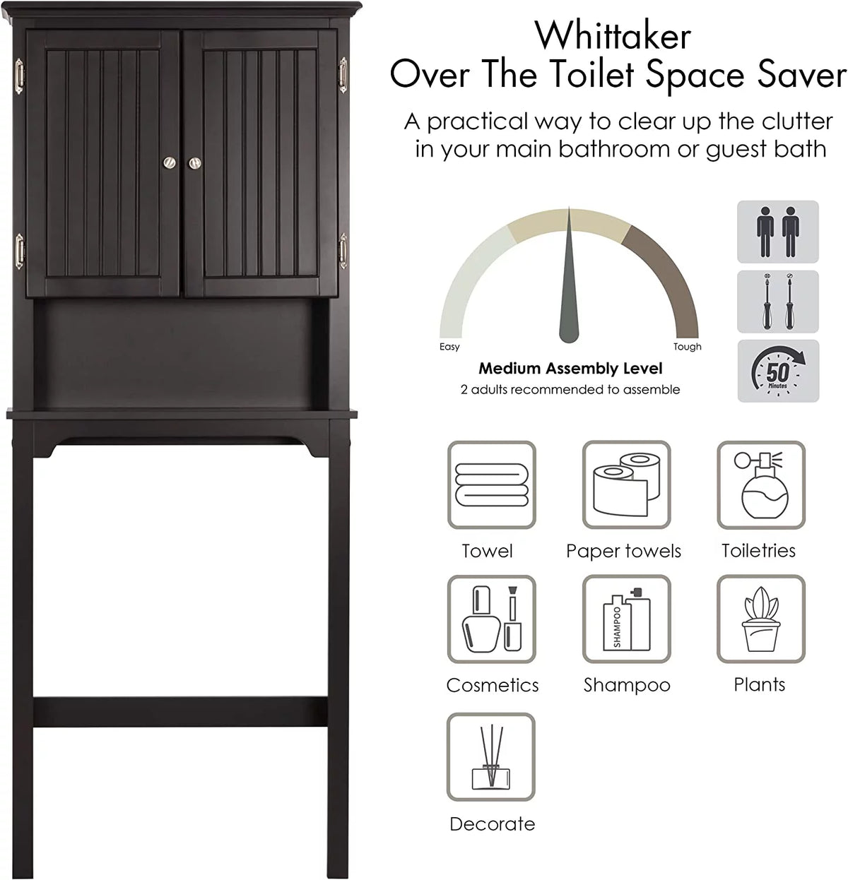 Bathroom Storage Over The Toilet Cabinet with Adjustable Shelves and Double Doors U605