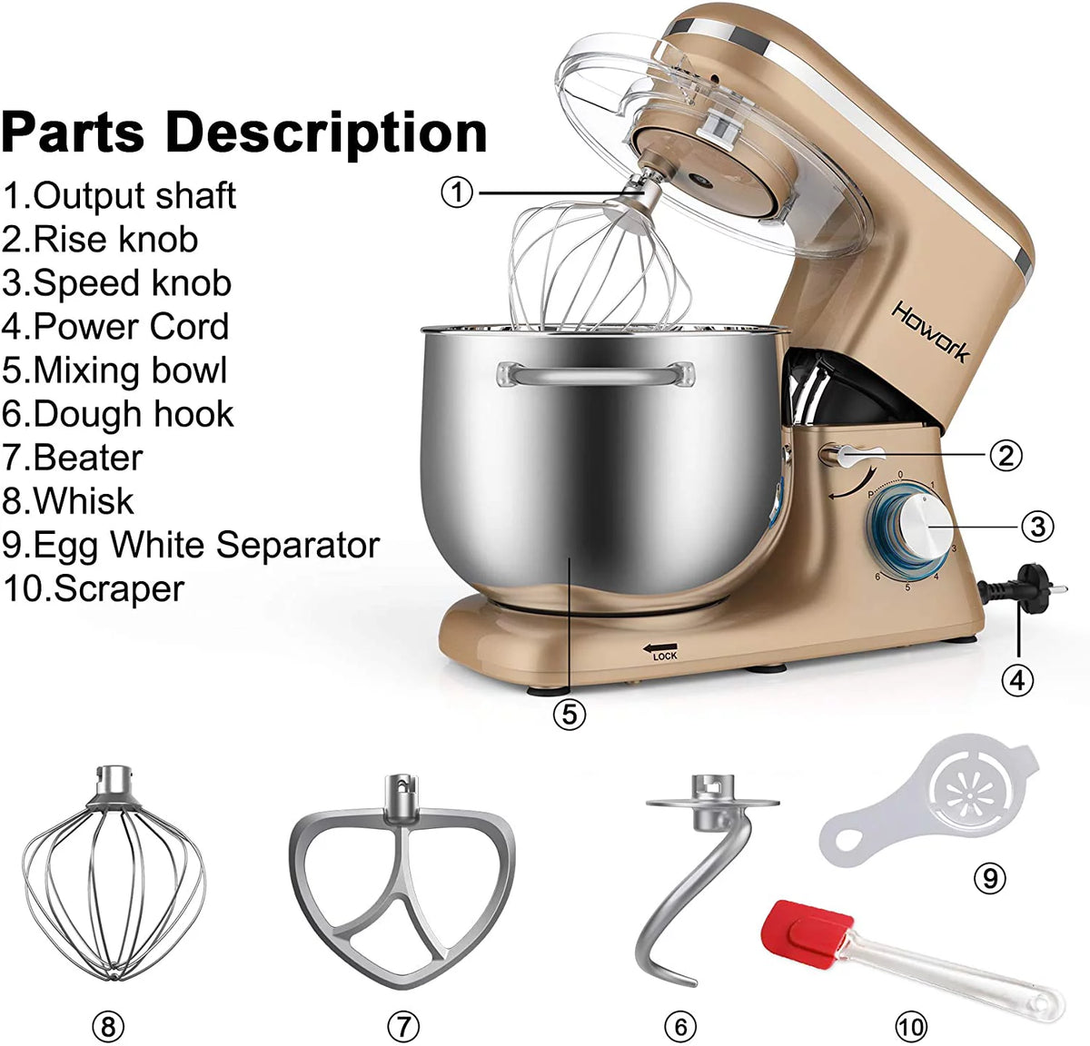 8.45 QT 660W Stand Mixer with Dough Hook, Whisk, Beater S75350