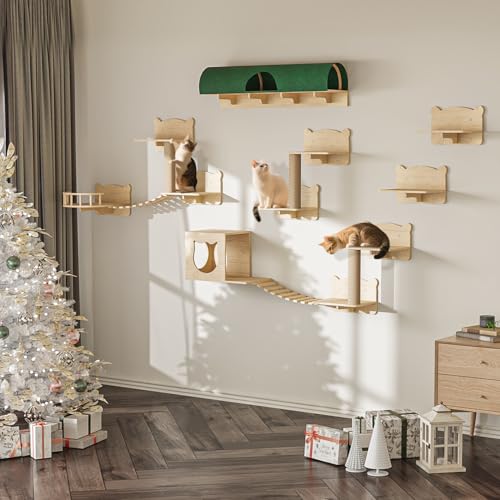 16 Pcs Wooden Cat Wall Shelves with Bed and Scratching Post Y90412