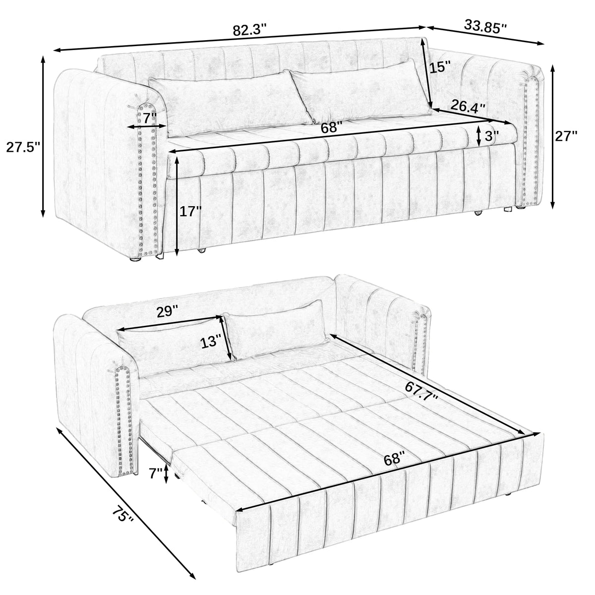 Black 3-in-1 Convertible Sleeper Sofa Bed with Two Drawers and Two Pillows Y47500