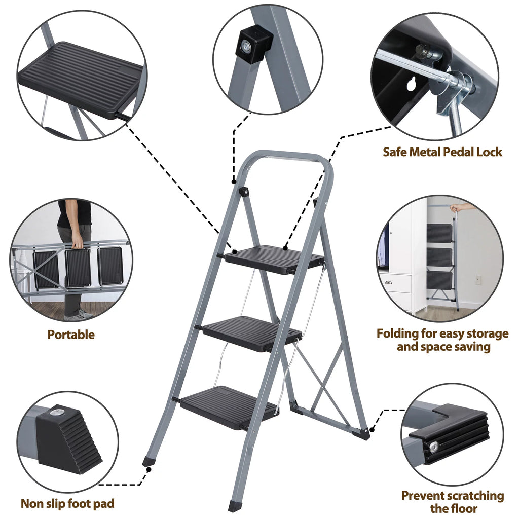 Folding 3-Step Steel Ladder with Handgrip X4083