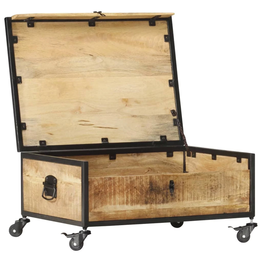Mango Wood Coffee Table with Flip-up Door and 4 Rolling Wheels O208