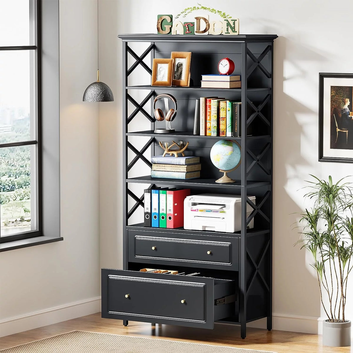 Black 5 Tier Bookshelf with 2 Drawers X7009
