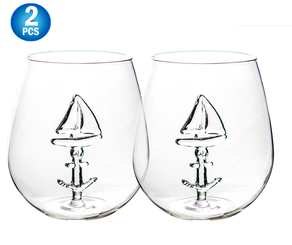 Sail Boat Wine Glass with 3D Sailboat and Nautical Anchor Design 2 PC Set 650ml Stemless L984