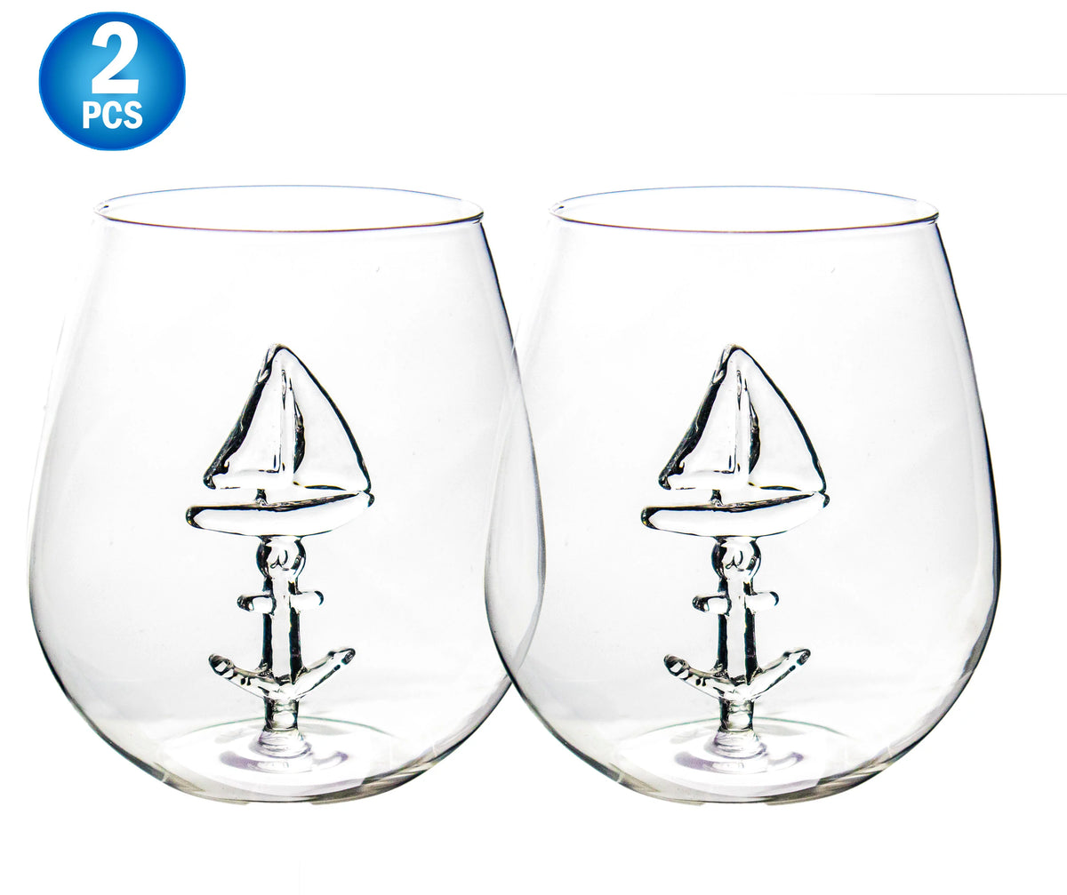 Sail Boat Wine Glass with 3D Sailboat and Nautical Anchor Design 2 PC Set 650ml Stemless L984