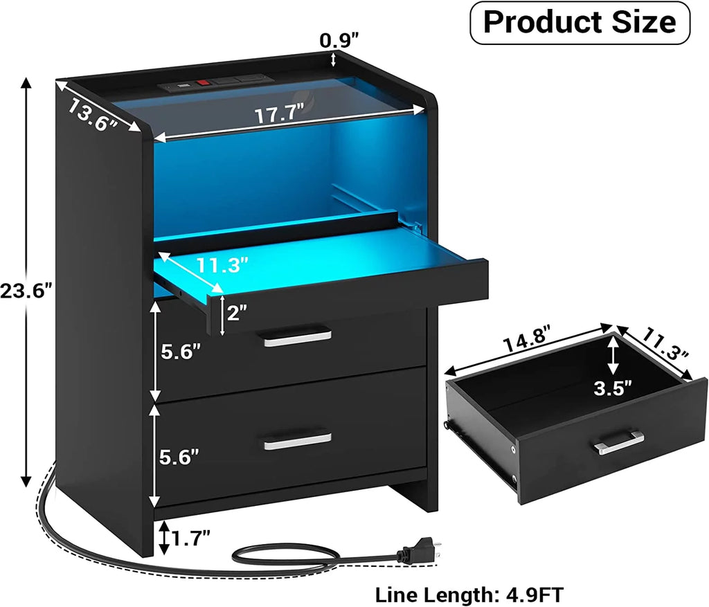 Black Set of 2 LED Nightstand with Charging Station P468423