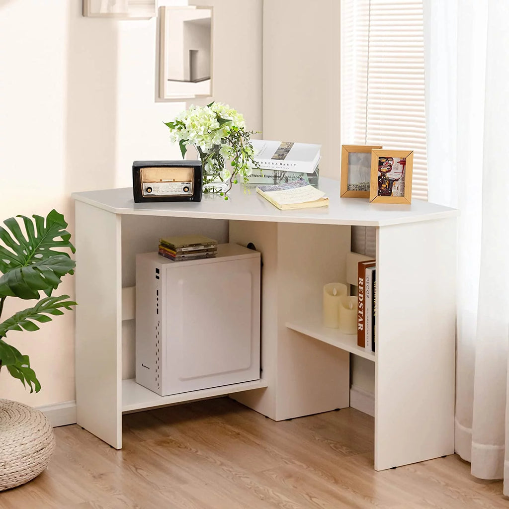 White Corner Computer Desk with 2 Storage Shelves M6315