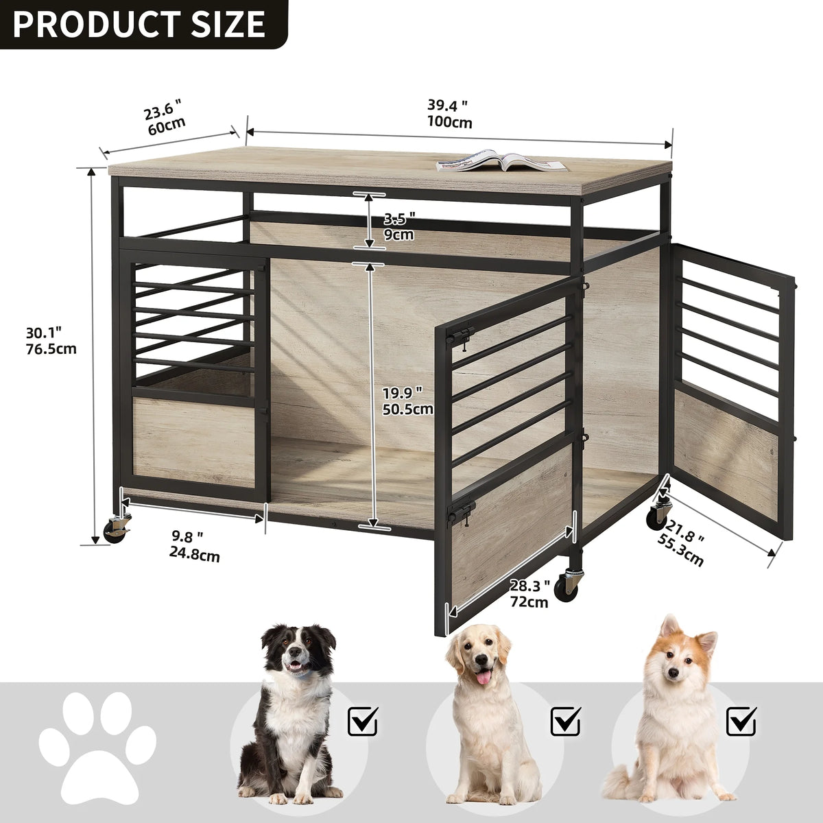Grey Wooden Dog Crate Furniture with Wheels O253