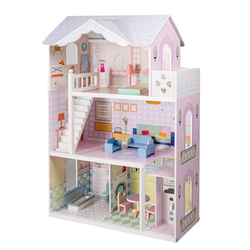 Large Wooden 3 Stories 6 Rooms Dollhouse with Elevator & Balcony R6997