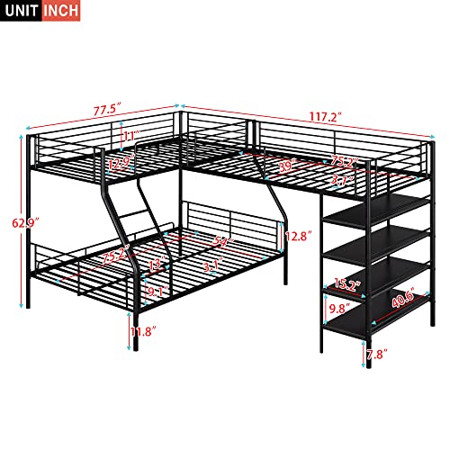 Black Metal Twin Size L-Shaped Loft Bed with Two Built-in Desks R1776