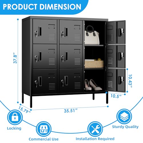 Metal Locker with Padlock and Keys, 9 Doors Black Steel Storage Locker Cabinet V19444
