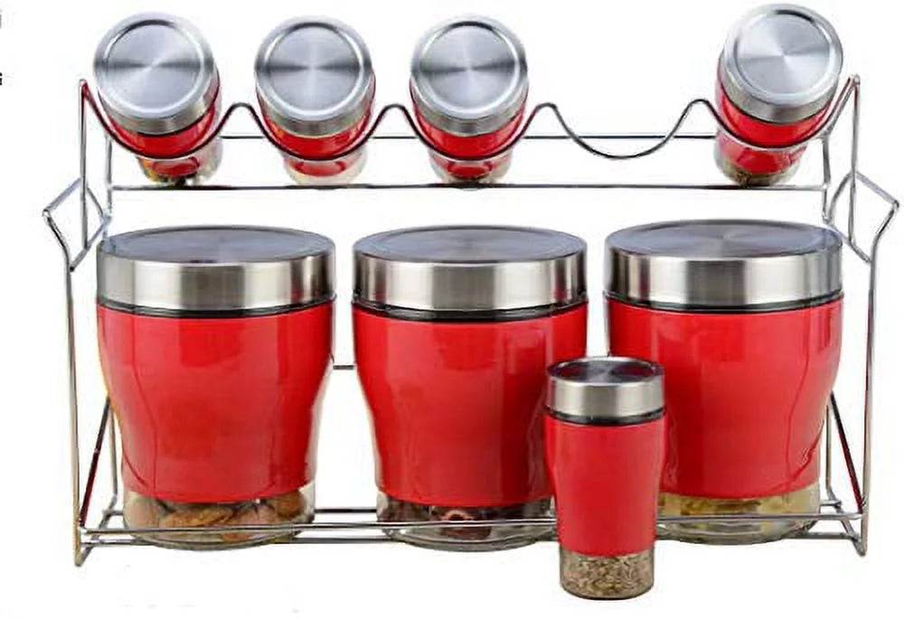 Red 9 Piece Kitchen Storage and Spice Rack Jar Set A7841
