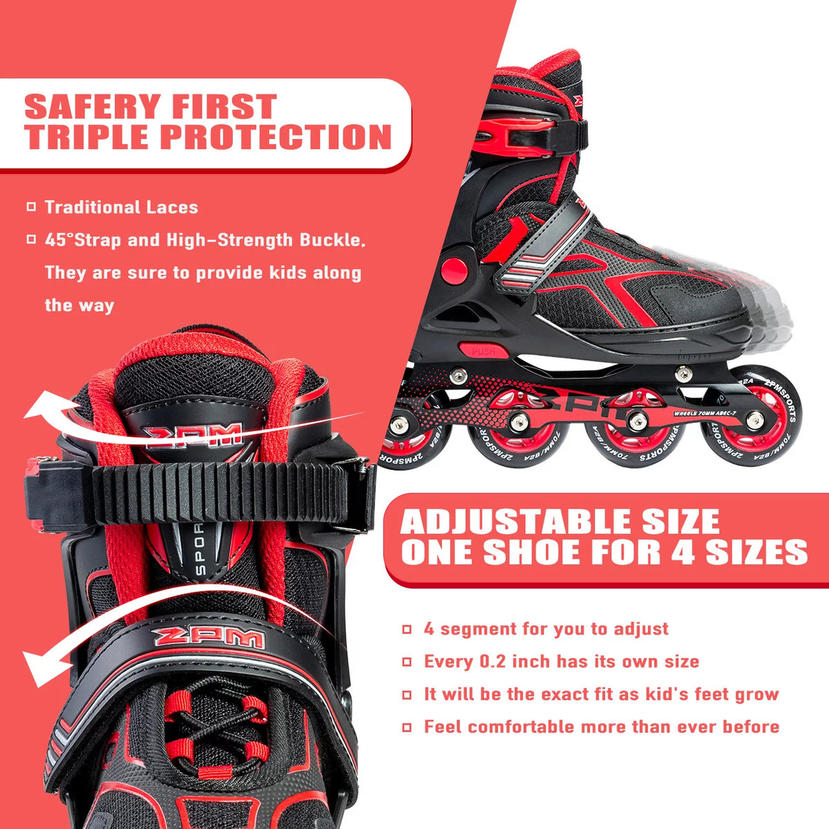 Red Black Adjustable Inline Skates E2214