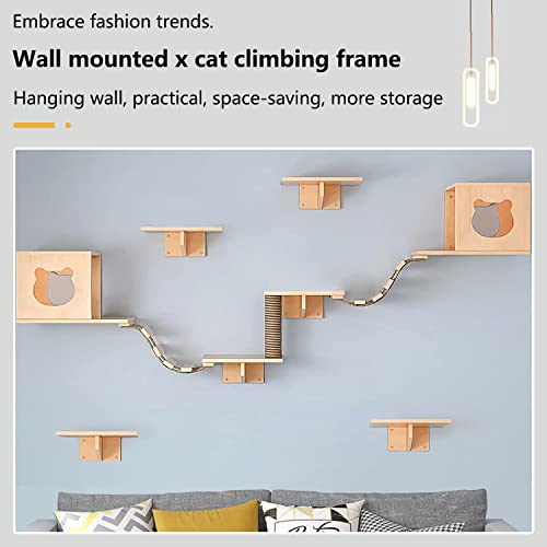 Solid Wood Wall Mounted Cat Shelves and Perches with 4 Cat Condos, 8 Shelves, 2 Ladder, 3 Sisal Cat Scratching Post R947936
