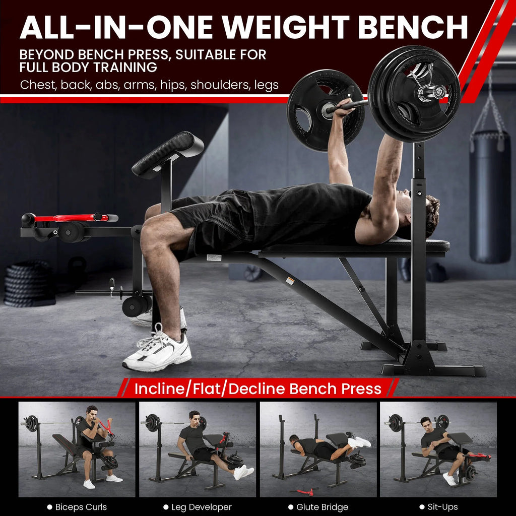 Adjustable Weight Bench Set with Barbell Rack T1602