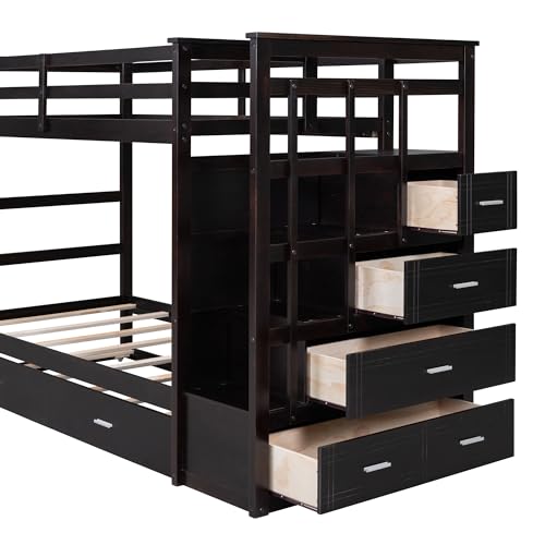 Full Over Full Wood Bunk Bed with Twin Trundle and Stairs, Espresso S7265