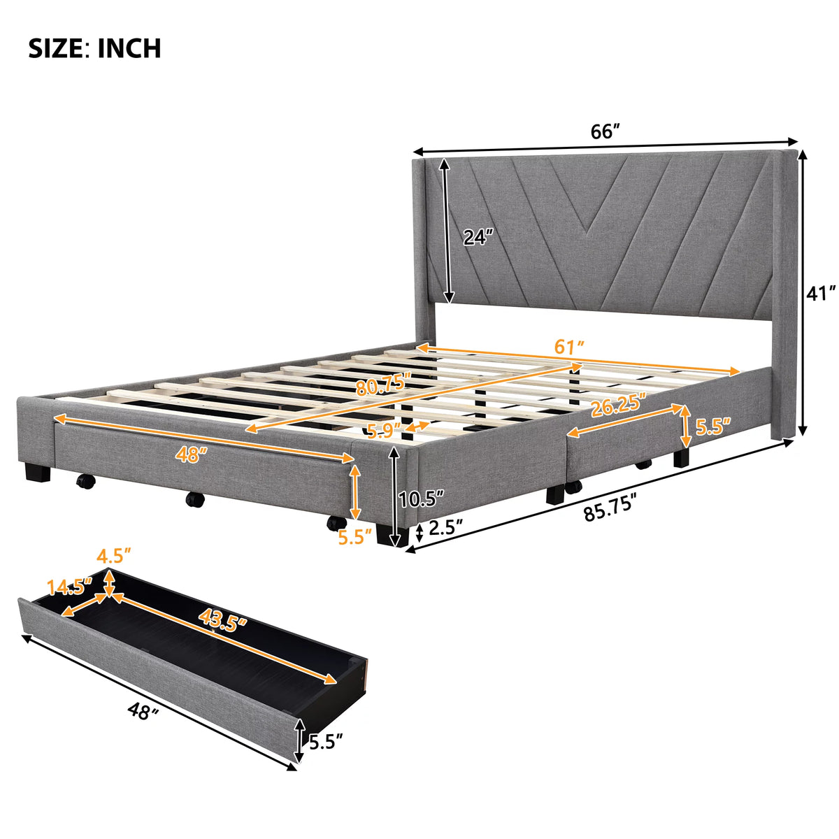 Queen Size Linen Upholstered Platform Bed with 3 Storage Drawers F60657