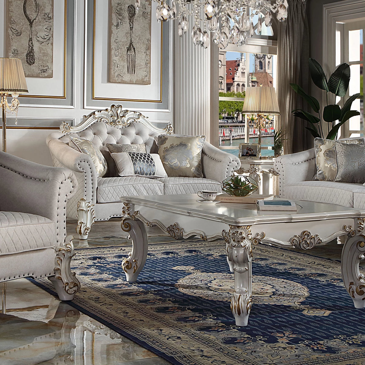 Ivory Fabric Loveseat with 4 Pillows V7943