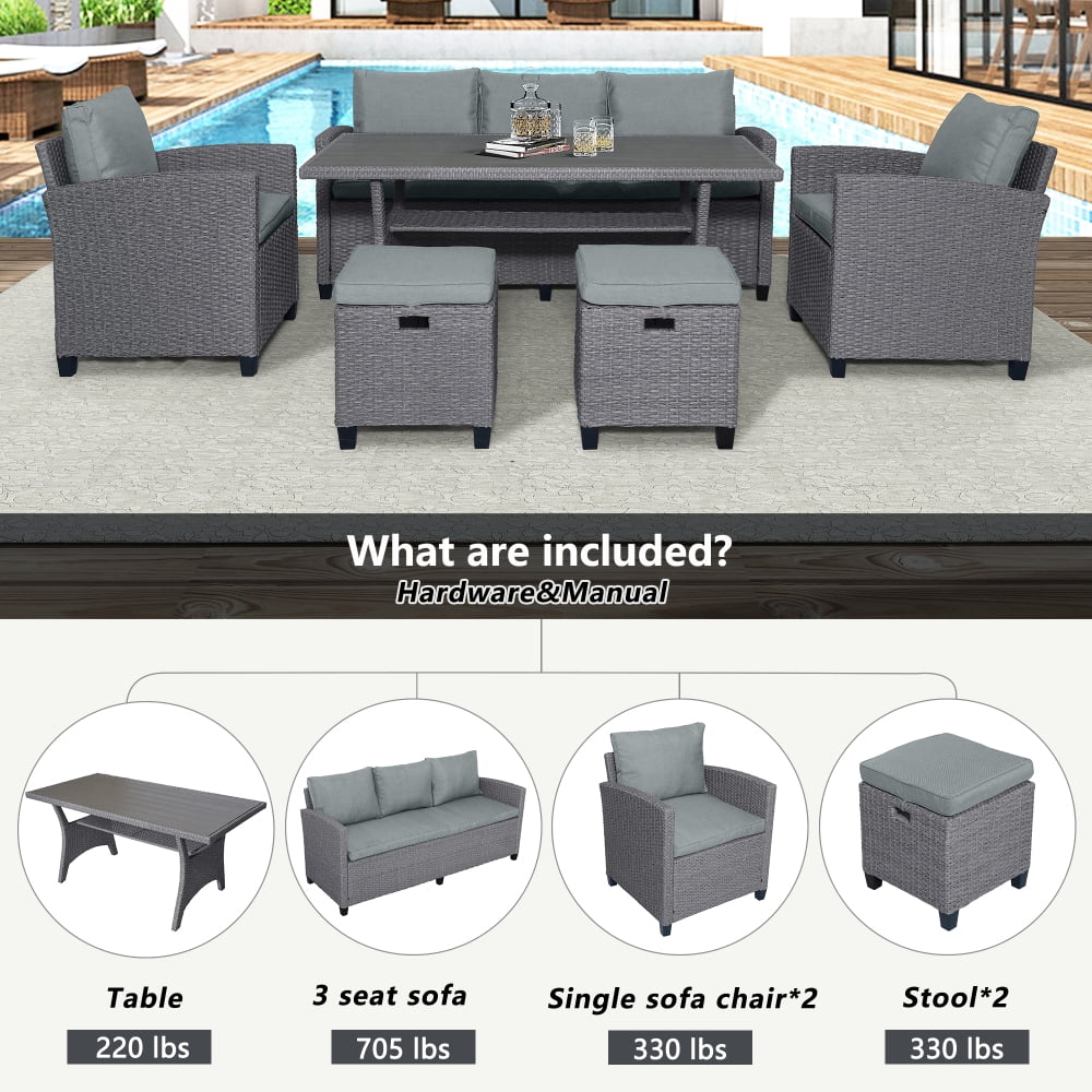 6-Piece Outdoor Rattan Wicker Sofa Chair Stools and Table L34380