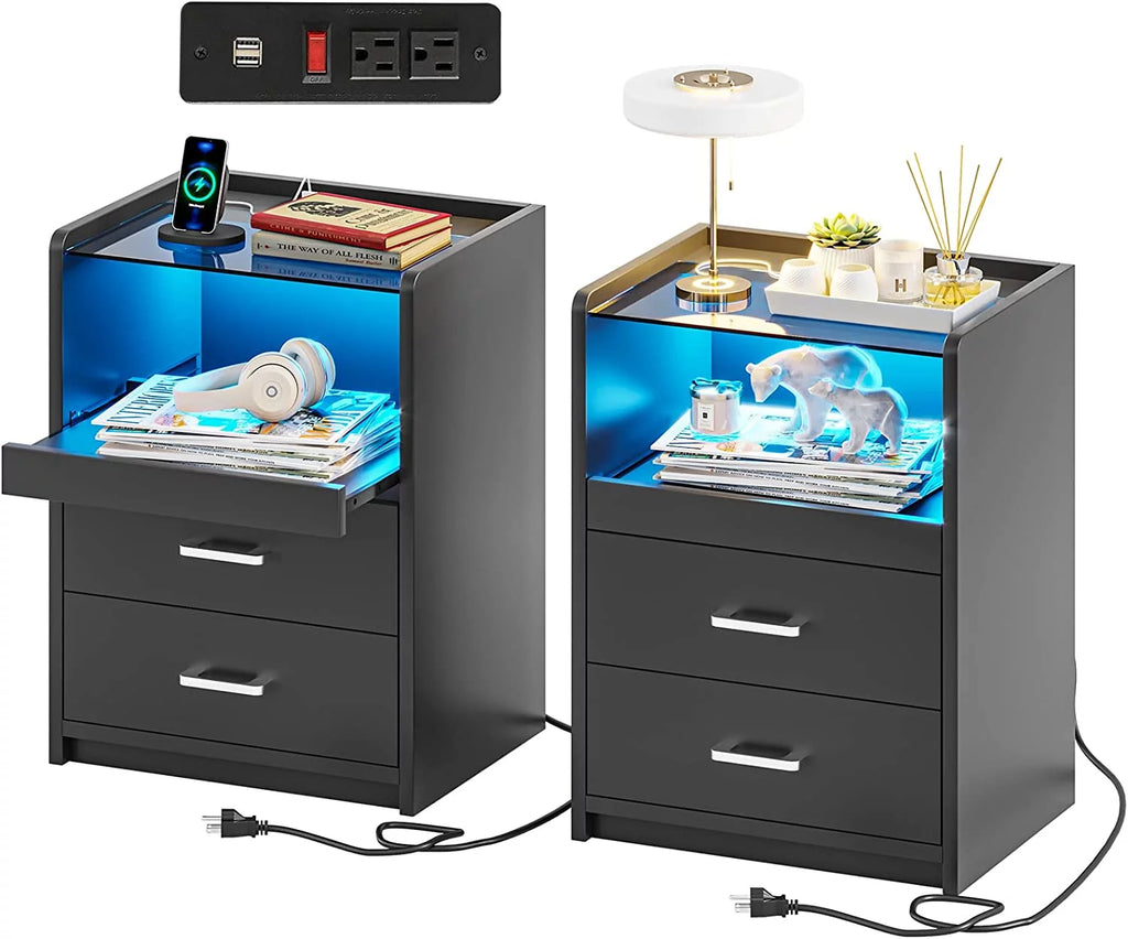 Black Set of 2 LED Nightstand with Charging Station P468423