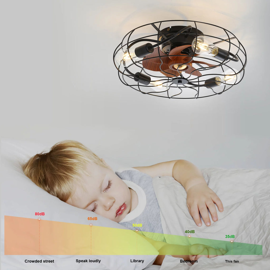 20" Industrial Flush Mount Bladeless Caged Ceiling Fan with Light and Remote C5668