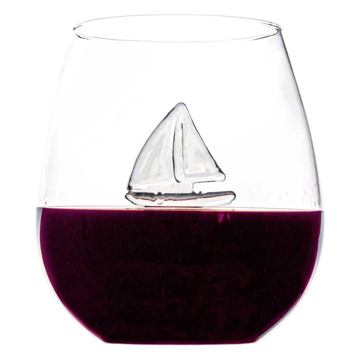 Sail Boat Wine Glass with 3D Sailboat and Nautical Anchor Design 2 PC Set 650ml Stemless L984