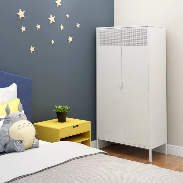 Metal Wardrobe Cabinet with Hanging Rod and Adjustable Shelves V5794