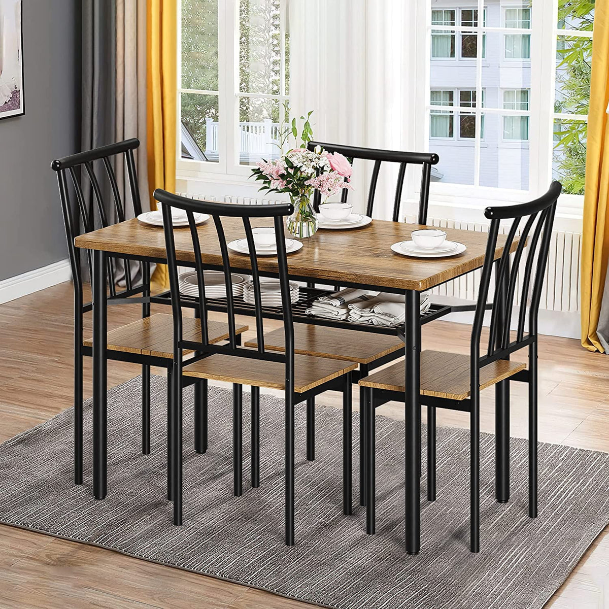 5-Piece Kitchen Table and Chairs for 4 with Metal Frame & Storage Rack U982860