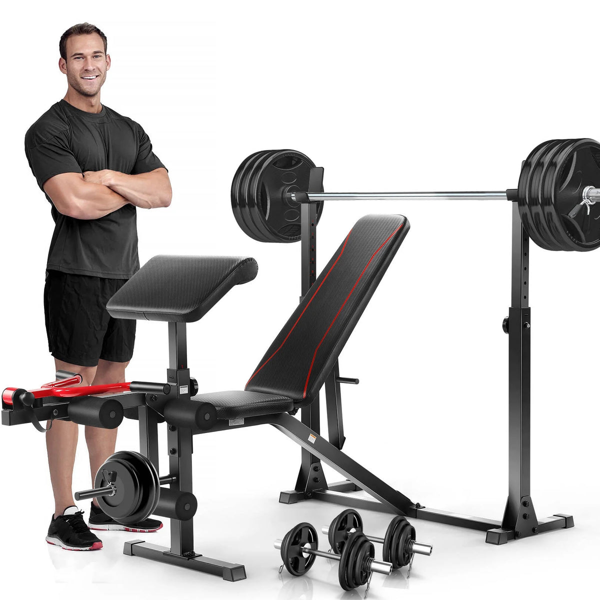 Adjustable Weight Bench Set with Barbell Rack T1602