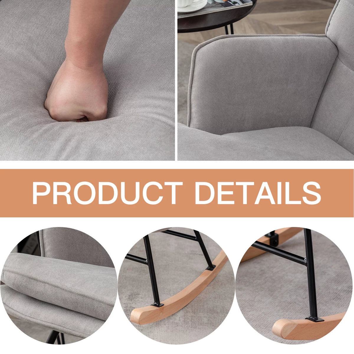 Gray Linen Fabric Rocking Chair with Ottoman H933