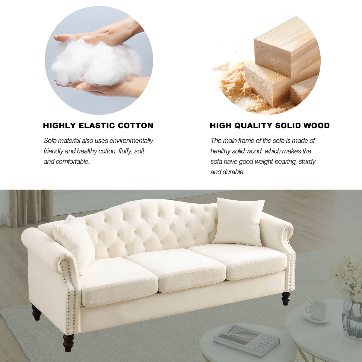 Velvet 3 Seater Button Tufted Sofa T510