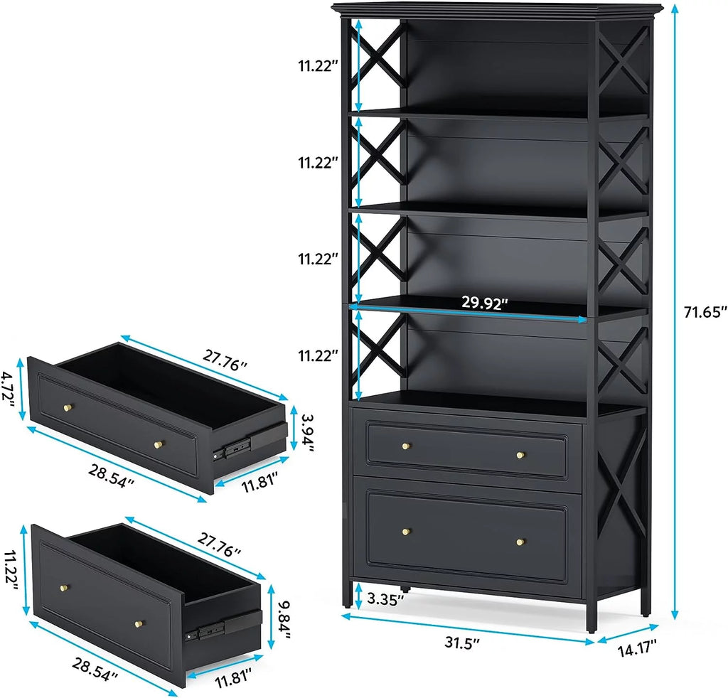 Black 5 Tier Bookshelf with 2 Drawers X7009