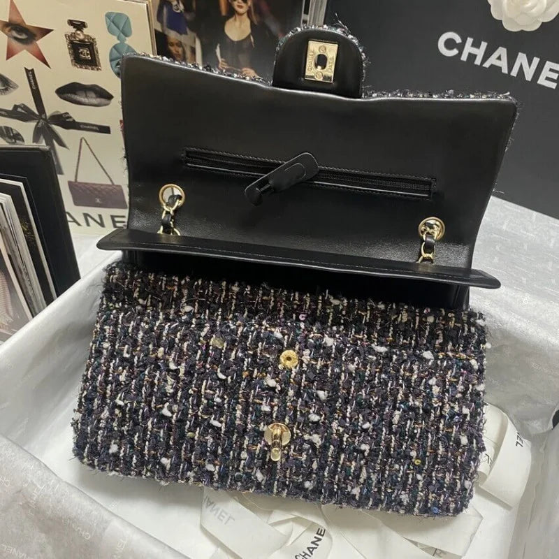 Navy Blue Multicolor Glittered Tweed Bag I38489