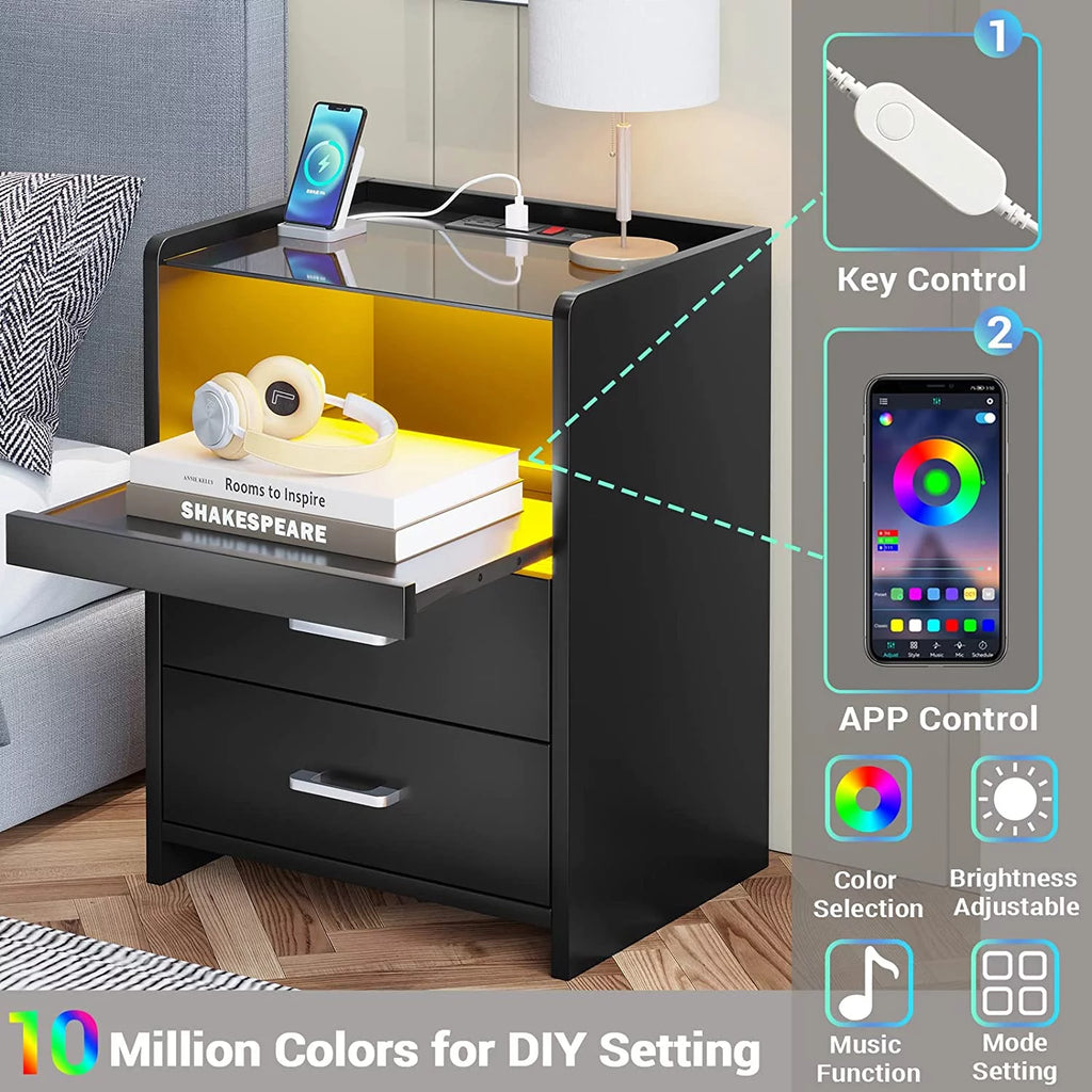 Black Set of 2 LED Nightstand with Charging Station P468423