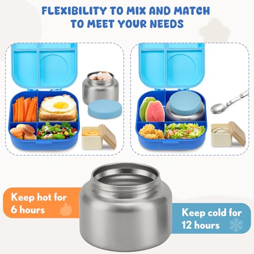 Bento Lunch Box for Kids, 4 Compartments, 12oz Soup Thermo, BPA Free, Leak proof, Blue G7467