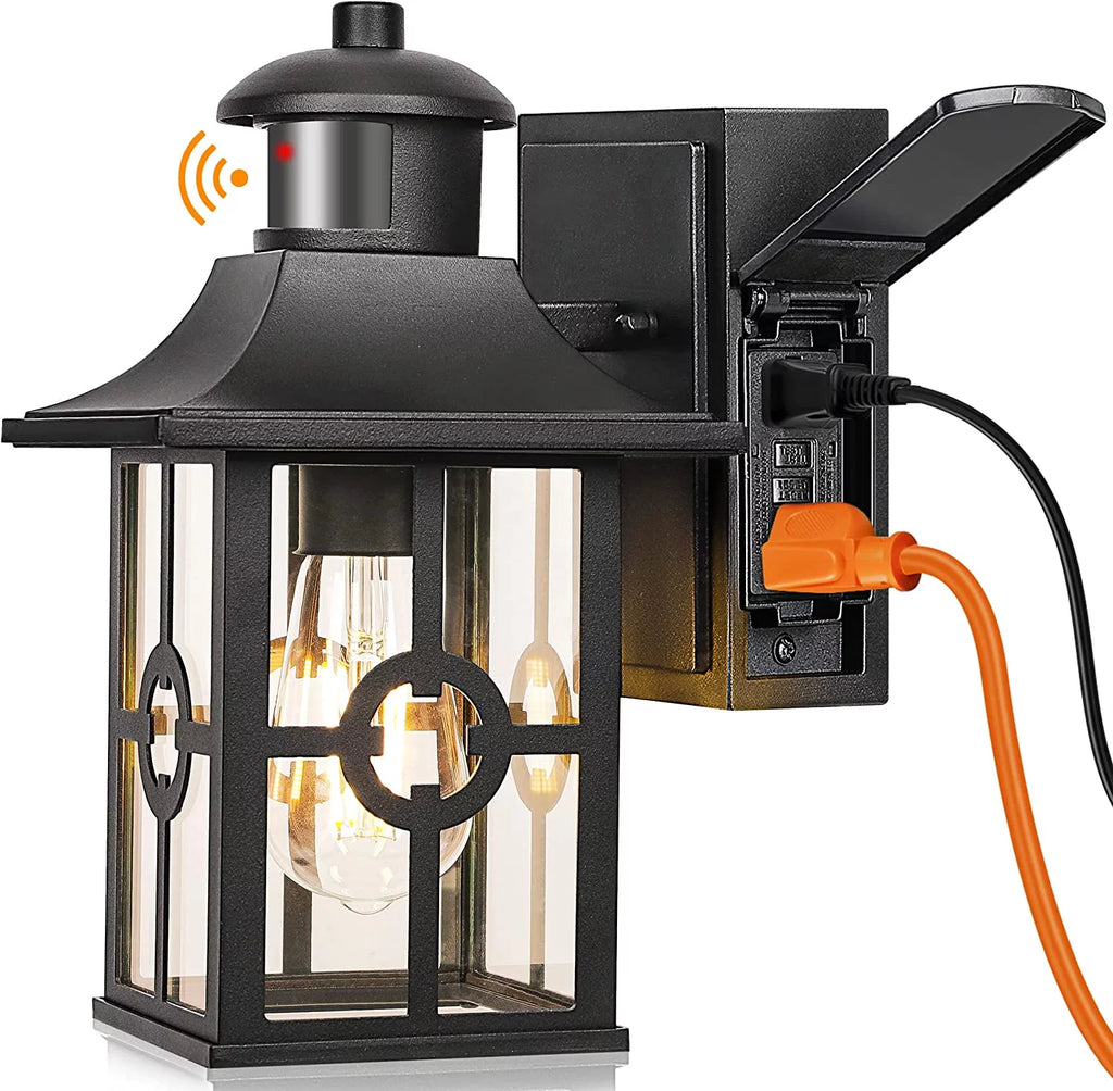 Motion Sensor Porch Light with 2 GFCI Outlets Waterproof Aluminum N53606